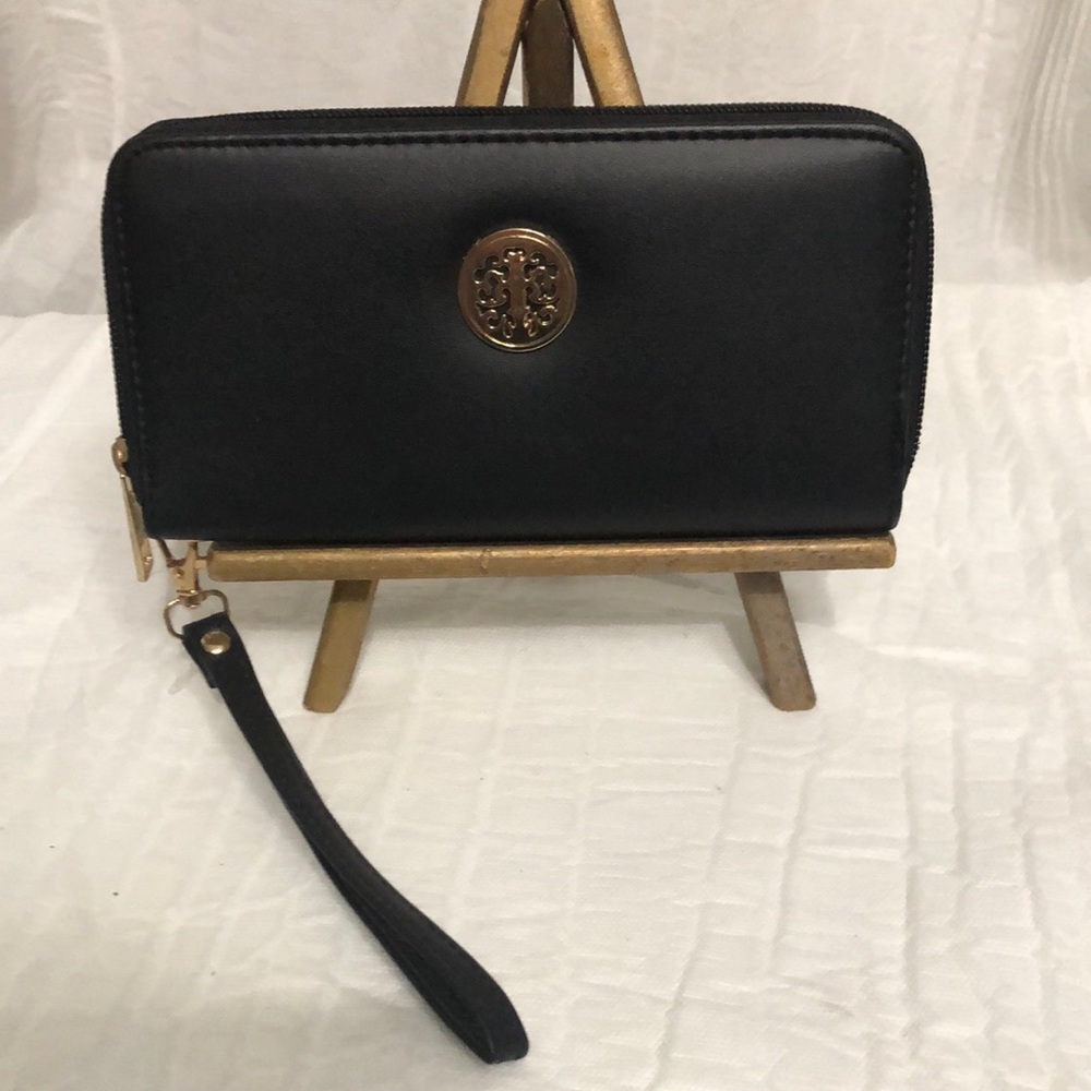 Black Wristlet Wallet with Gold Logo Accent